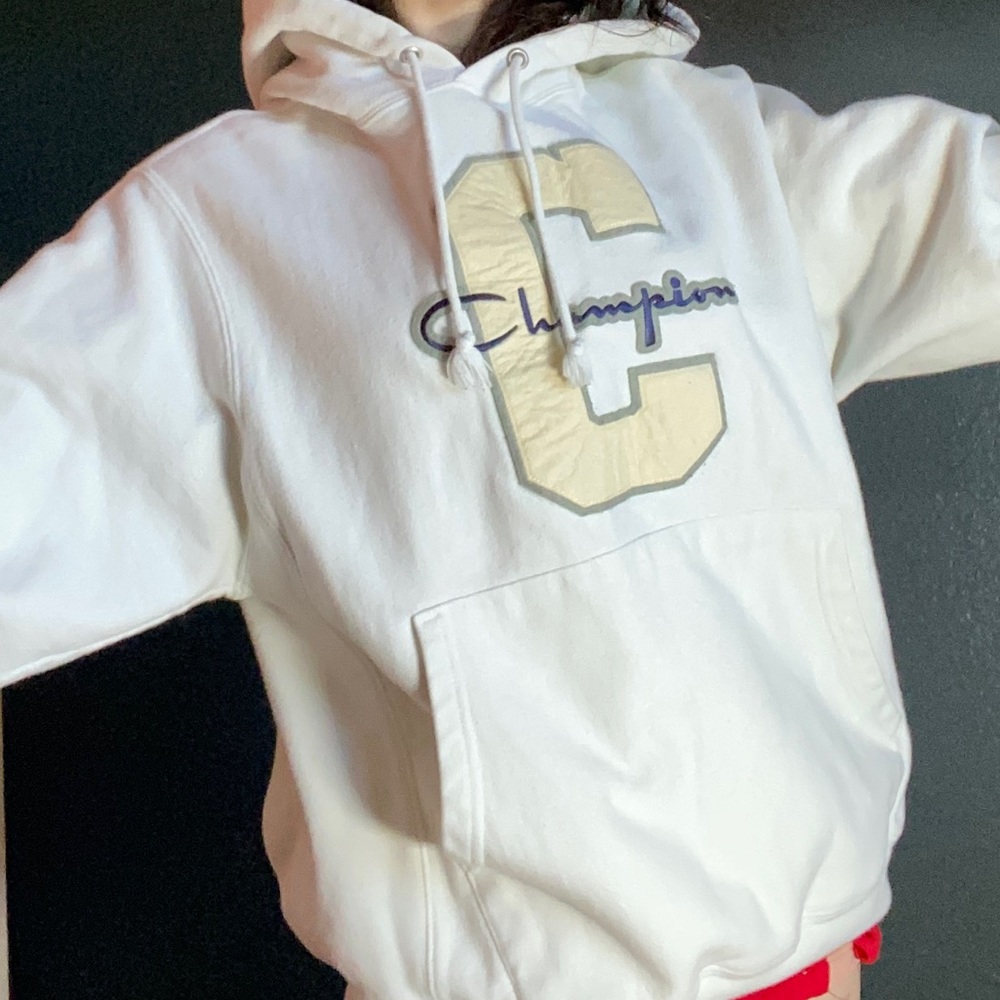White Embroidered Champion Hoodie